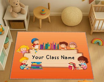 May include: Orange rectangular rug with a classroom theme. The rug features cartoon children, books, and the text "Your Class Name". The rug is designed for a classroom or playroom setting.