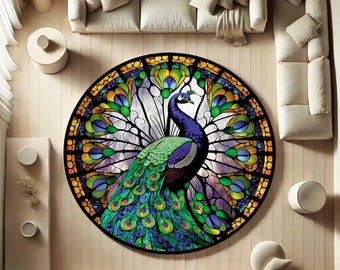 Peacock Pattern Round Rug, Unique Exotic Bird Design Rug, Boho Luxury Floor Mat, Colorful Home Decor, Wholesale Rug, Bedroom Accent Rug