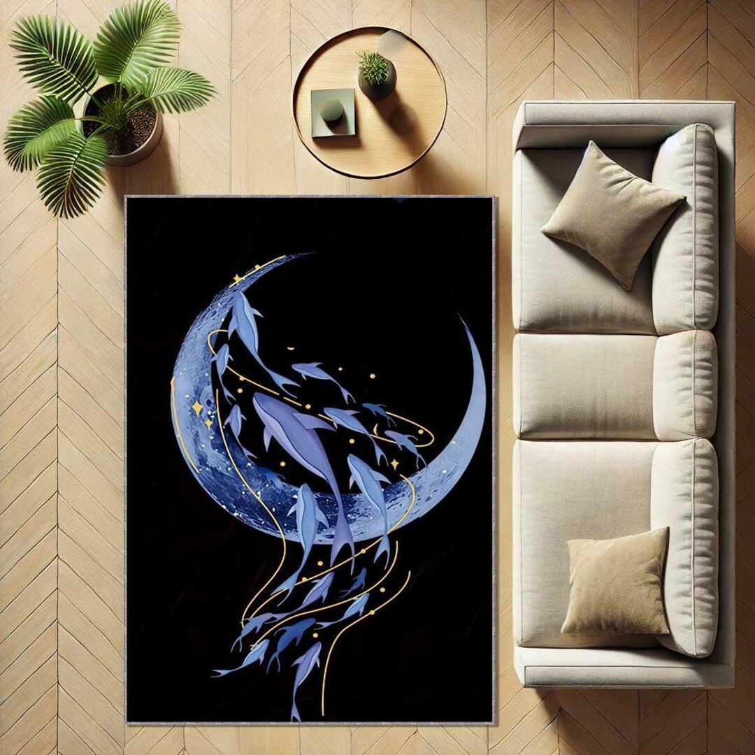 Celestial Whale Rug, Moon and Ocean Art Carpet, Cosmic Blue Whale Decor ...