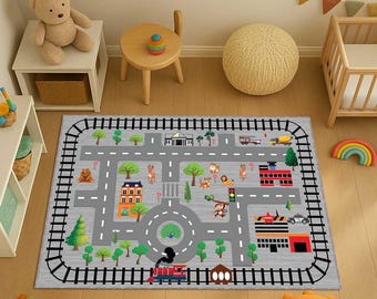 ロードラグ、動物の街の地図のカーペット、電車の線路のプレイルーム幼児用車用ラグ、幼稚園アクティビティ用フロアマット、男の子と女の子向けのモンテッソーリ保育園の装飾