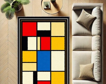Modern Art Rug, Mondrian Inspired Geometric Carpet, Abstract Color Block Area Rug, Mid Century Modern Home Decor, Contemporary Office Carpet