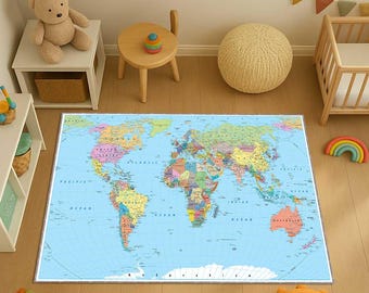 May include: A rectangular rug featuring a colorful world map design. The map shows continents and countries in various colors against a light blue ocean background. The rug is placed on a wooden floor in a child's room.