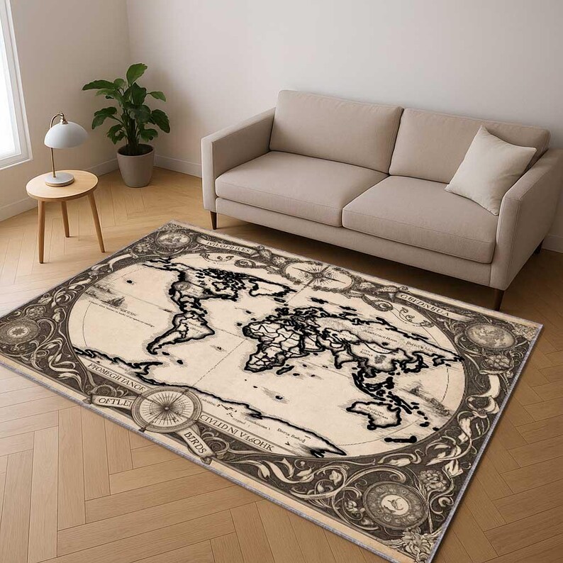 World Explorer Rug Vintage World Map Rug, Antique Style Cartography Carpet, Fantasy Old ...