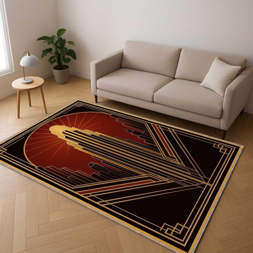 Deco Border Rugs Red Art Deco Rug, Geometric Border Area Carpet, Minimalist Modern ...