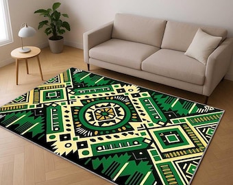 Modern Green Art Deco Area Rug, Geometric Carpet, Vintage Style Floor Decor, Living Room Rug, Boho Modern Large Rug, Custom Size Carpet