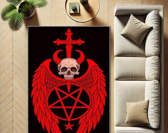 Tapete decorativo gótico, tapete com pentagrama e cruz em estilo sombrio, tapete com símbolo oculto, decoração bruxa para casa, tapete alternativo para quarto, estilo gótico satânico