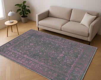 Purple Distressed Area Rug, Vintage Oriental Medallion, Boho Decor