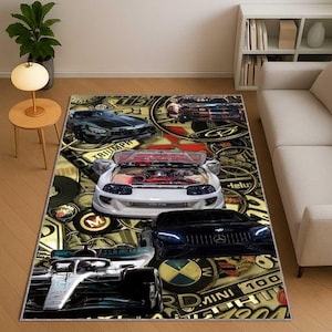 May include: A rectangular area rug featuring a collage of sports cars in various colors, including white, black, and silver. The rug has a gold background with car logos and emblems. The cars are arranged in a dynamic composition.