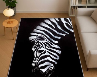 Alfombra con estampado de cebra, alfombra de safari africano, decoración de suelo bohemia tribal exótica en blanco y negro, alfombra con estampado de vida salvaje para sala de estar o dormitorio.