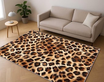 Leopard Print Rug, Animal Print Washable Carpet, Safari Jungle Area Rug, Boho Glam Accent Rug, Modern Living Room Bedroom Home Decor Carpet