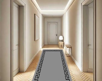 Gray Geometric Framed Runner Rug, Modern Office Hallway Runner, Minimalist Grey Pattern Carpet, Contemporary Long Corridor Rug, Kitchen Rug