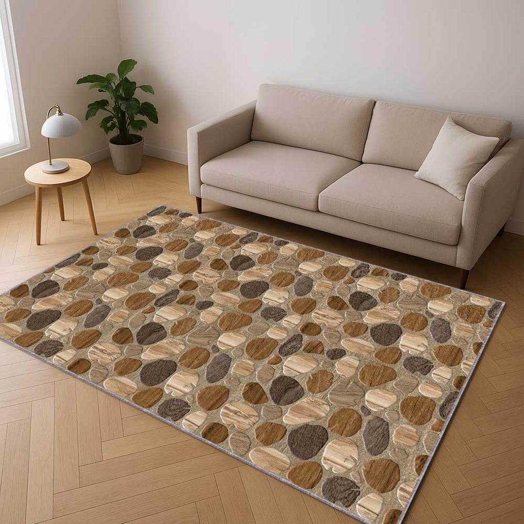 Stone Area Rug Inlay Brown Stone Pattern Area Rug, Natural Pebble Design Carpet, Zen Spa ...