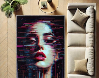 サイバーパンク風グリッチフェイスラグ、未来的なデジタルアートカーペット、ネオンポートレートエリアラグ、抽象的なテクノロジー風フロアマット、サイケデリックモダンインテリア