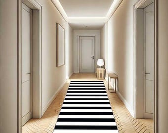 Schwarz Weißer Linien Läufer Teppich Läufer, Minimalistischer Teppich Gestreift, Monochromer Teppich, Waschbar, Rutschfest, Lange Bodenmatte