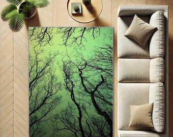 Forest Tree Rug, Minimalist Green Woodland Carpet, Modern Botanical Art Floor Decor, Mystical Tree Pattern Rug for Living Room or Bedroom