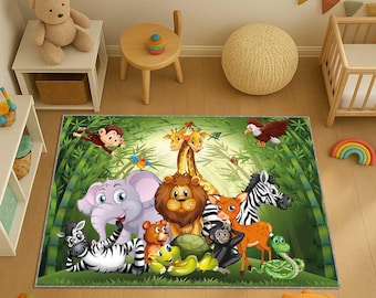 Zoo Animal Rug, Safari Jungle Carpet, Exotic Animals Kids Room Decor, Wildlife Nursery Area Rug, Playroom Safari Mat, Lion Elephant Giraffe