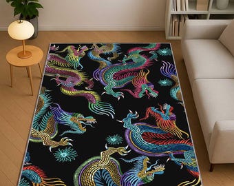 May include: Black rectangular area rug featuring a vibrant dragon design. The dragons are depicted in shades of blue, green, yellow, red, and purple. The rug's design includes floral accents, creating a striking contrast against the black background.