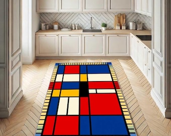 Mondrian Color Block Runner Rug, Modern Art Office Runner, Abstract Colorful Hallway Carpet, Geometric Washable Rug, Non Slip Long Floor Mat