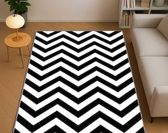 Black and White Chevron Rug, Modern Minimalist Area Carpet, Geometric Zigzag Pattern Rug, Scandinavian Decor, Bold Contrast Living Room Rug