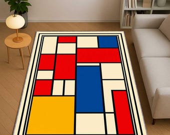 Modern Art Rug, Mondrian Inspired Geometric Carpet, Abstract Color Block Area Rug, Mid Century Modern Home Decor, Contemporary Living Room