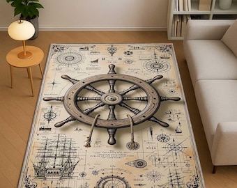 Nautical Compass Area Rug, Lighthouse Coastal Washable Rug, Ocean Themed Carpet, Beach House Living Room Rug, Retro Vintage Rug, Custom Rug