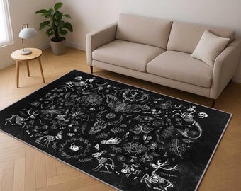Gothic Skeleton Rug, Witchy Occult Carpet, Dark Academia Floor Mat, Mystical Black and White Area Rug, Alternative Home Decor, Spooky Rug