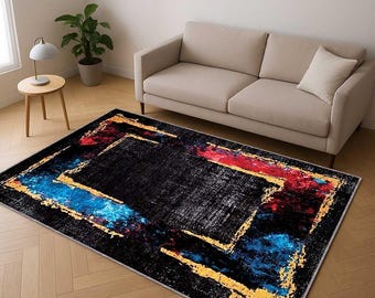 Framed Art Deco Rug, Geometric Gold Border Area Carpet, Minimalist Modern Washable Rug, Elegant Black Pattern Carpet, Living Room Rug