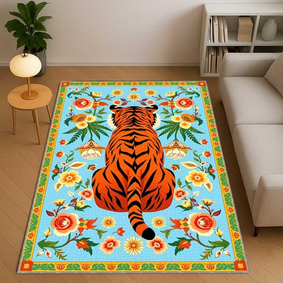 Sulky Tibetan Tiger Rug, Floral Print Carpet, Oriental Boho Art