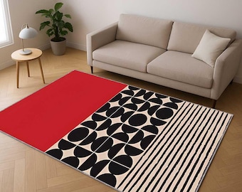 Mid Century Modern Area Rug, Red Black Geometric Rug, Abstract Minimal Rug, Modern Kitchen Office Rug, Retro Home Decor, Bedroom Accent Rug