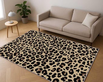 Leopard Print Rug, Animal Print Washable Carpet, Safari Jungle Area Rug, Boho Glam Accent Rug, Modern Living Room Bedroom Home Decor Carpet