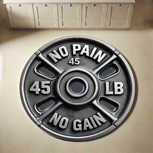 Pode incluir: Uma placa de peso redonda e cinza com as palavras "NO PAIN" e "NO GAIN" em letras brancas. A placa é marcada com "45 LB" e o número "45". Este artigo com tema fitness pesa cerca de 20,4 kg.