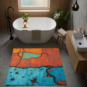 Alfombra de baño rústica industrial, alfombra con textura de óxido, alfombra de metal envejecido, alfombra de baño turquesa y naranja, decoración de baño grunge, estilo impermeable.