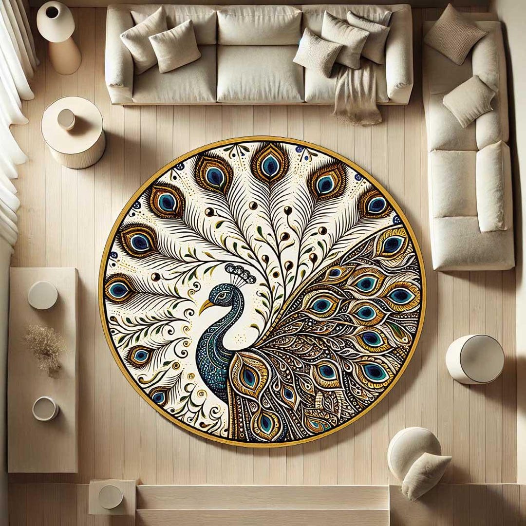 Peacock Pattern Round Rug, Exotic Bird Design, Boho Home Decor ...