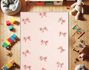 Pink Bow Rug, Cute Girls Room Carpet, Nursery Baby Girl Area Rug, Washable Kids Room Decor Rug, Kawaii Accent Carpet for Bedroom Playroom