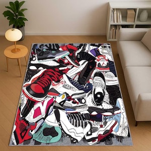 Tapis baskets colorés, Tapis streetwear, Carpette à motif de chaussures hip hop, Déco sympa pour chambre d'ado, Tapis de sol style urbain, Tapis de chambre tendance