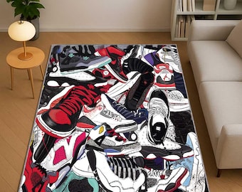 Colorful Sneakers Rug, Streetwear Carpet, Hip Hop Shoe Pattern Area Rug, Cool Teen Room Decor, Urban Style Floor Mat, Funky Fashion Room Rug