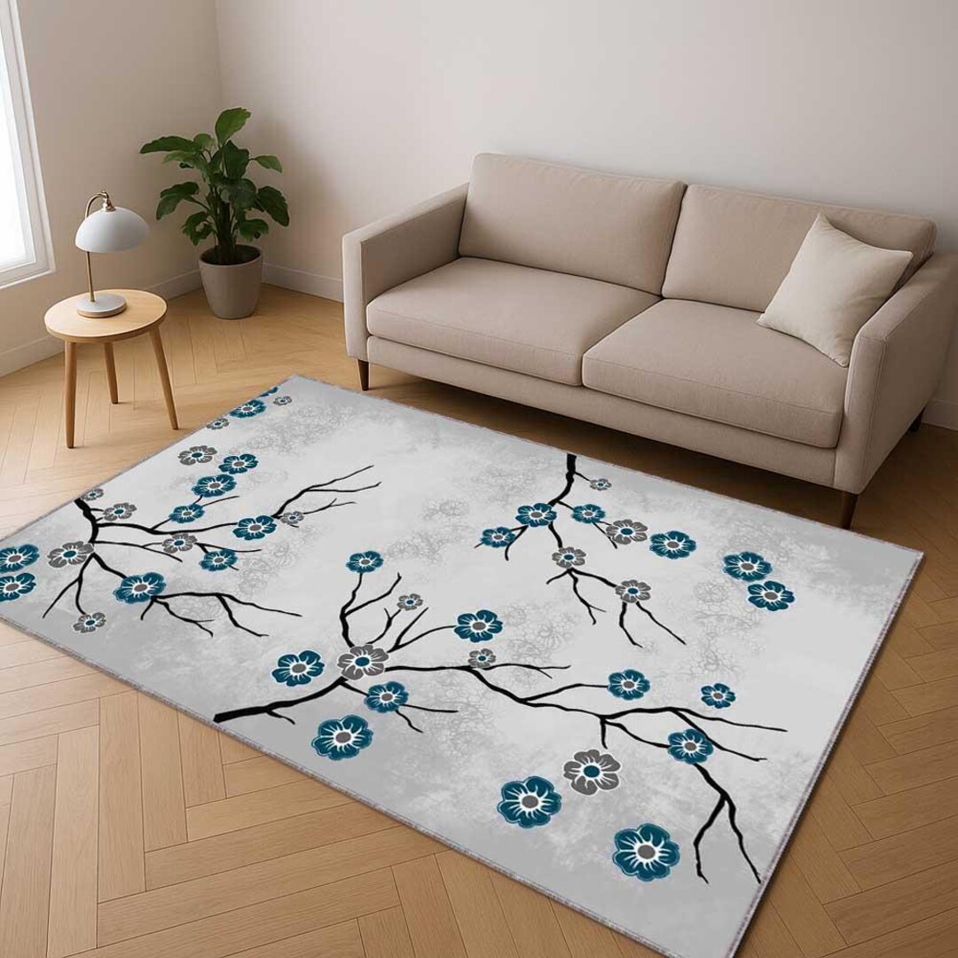 Sakura Rug Blue Sakura Area Rug, Cherry Blossom Kitchen Rug, Floral Office Decor ...