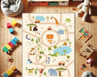 May include: A beige play mat with a road map design featuring cartoon animals, trees, and vehicles. The mat includes a giraffe, zebra, elephant, and crocodile. The mat is designed for children's play.