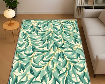 William Morris Inspired Rug, Botanical Leaf Pattern Carpet, Nursery and Hotel Room Area Rug, Vintage Floral Home Decor, Washable Kitchen Rug