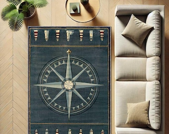 Nautical Compass Area Rug, Lighthouse Coastal Washable Rug, Ocean Themed Carpet, Beach House Living Room Rug, Navy Blue Rug, Custom Rug