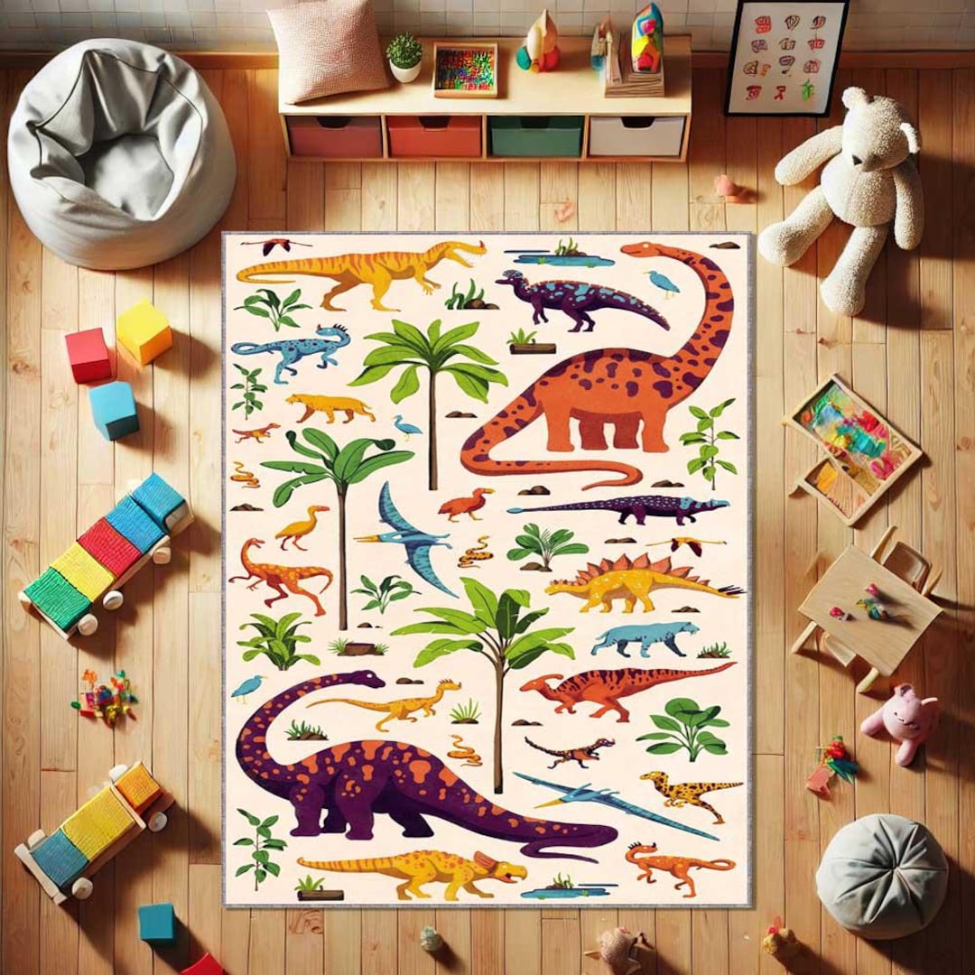 Colorful Dinosaur Rug, Kids Room Carpet, Prehistoric Dino Play Mat ...
