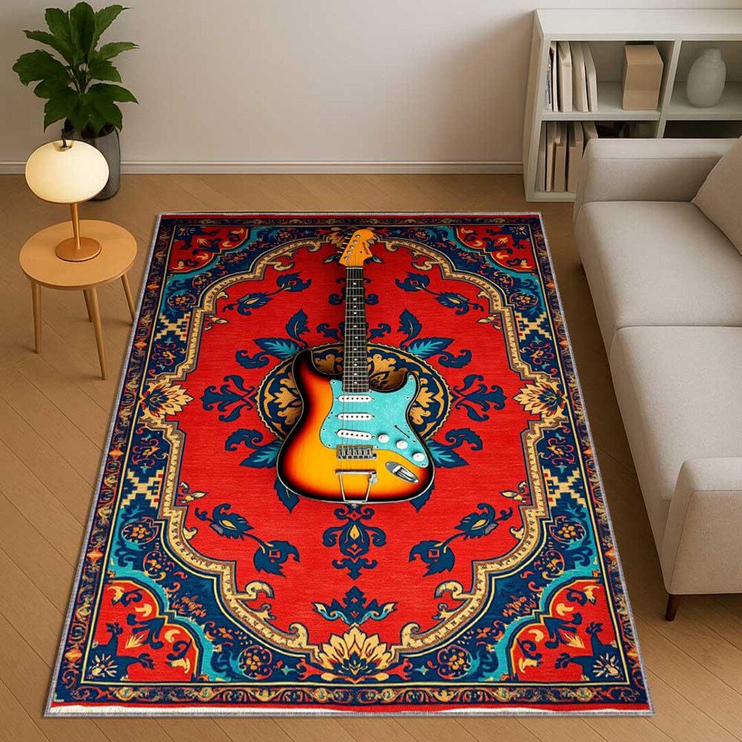 Rock Guitar Rug, Ethnic Anatolian Pattern Carpet, ACDC Band Music Decor ...
