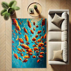 May include: A rectangular area rug featuring an underwater scene with numerous orange and yellow fish swimming in a vibrant blue ocean. The rug is placed on a light-colored wooden floor, with a sofa and side table visible.