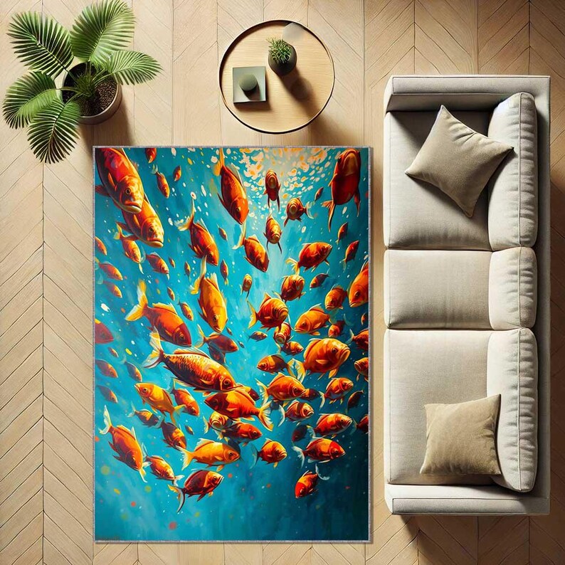 May include: A rectangular area rug featuring an underwater scene with numerous orange and yellow fish swimming in a vibrant blue ocean. The rug is placed on a light-colored wooden floor, with a sofa and side table visible.