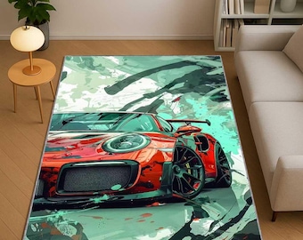 Red Sports Car Rug, Modern Racing Art Carpet, Porsche Style Teen Room Rug, Man Cave Floor Rug, Supercar Gift for Him, Abstract Speed Art Rug