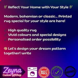 May include: A promotional image with text that reads "Reflect Your Home with Your Style." It advertises printed rugs with vivid colors and special designs. The image includes the text "High quality rug" and "Personalised order possibility."