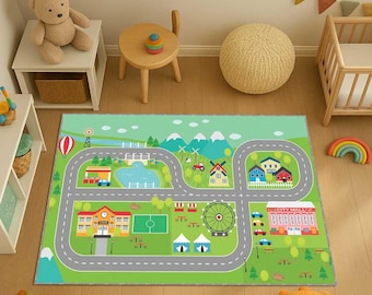 Kids Car Play Rug, City Map Nursery Rug, Toddler Play Mat with Cars and Roads, Educational Activity Carpet, Boys Room Nursery Kindergarten