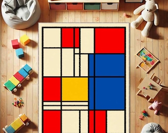 Modern Art Rug, Mondrian Inspired Geometric Carpet, Abstract Color Block Area Rug, Mid Century Modern Home Decor, Contemporary Office Rug
