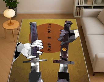 Samurai Sword Rug, Katana Anime Carpet, Japanese Warrior Home Decor, Martial Arts Rug, Japan Style Area Carpet for Otaku Room, Man Cave Rug
