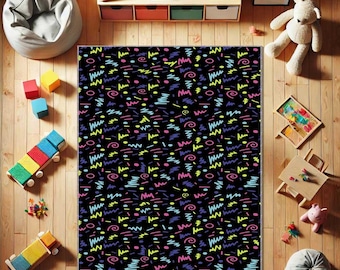 May include: A rectangular black rug with a colorful abstract pattern of squiggles, dots, and lines in blue, pink, yellow, and purple. The rug is surrounded by wooden flooring and children's toys.